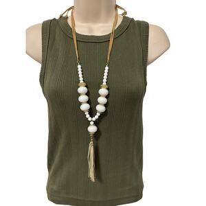 Plunder Women's Mary Jane White Beaded Cord Necklace Gold Accents Tassel BOHO